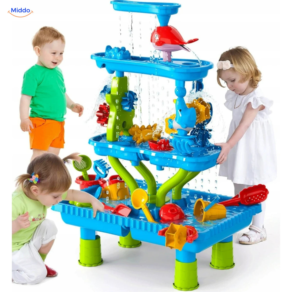 SplashPlay™ Outdoor Water and Sand Play Table Set | For Children 4-6 - Square 4-Tier Water & Sand Table