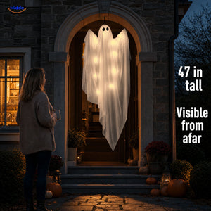 SpookGlow™ Warm White Ghost Lights 47-inch hanging ghost shown at a front entrance
