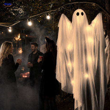 SpookGlow™ Warm White Ghost Lights hanging ghost at a Halloween party