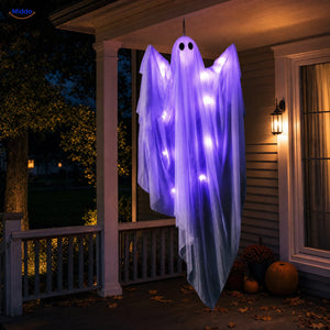 SpookGlow™ Purple String Lights 47-inch hanging Halloween ghost displayed indoors