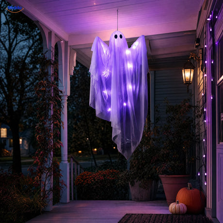 SpookGlow™ Purple String Lights hanging Halloween ghost variant