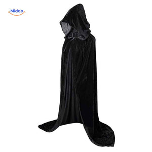 Classic black velvet hooded Spookora cape in traditional long style for costumes.