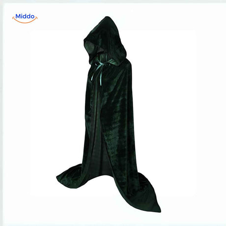 Green velvet Spookora cape worn as Halloween costume for festive dress-up events.