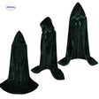 Green velvet hooded Spookora cape displayed at full length with long flowing style.