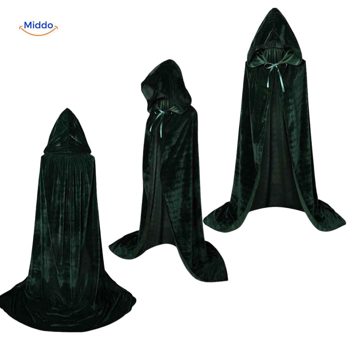 Green velvet hooded Spookora cape displayed at full length with long flowing style.