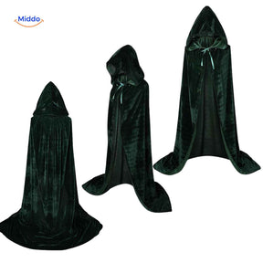 Green velvet hooded Spookora cape displayed at full length with long flowing style.