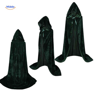 Green velvet hooded Spookora cape displayed at full length with long flowing style.