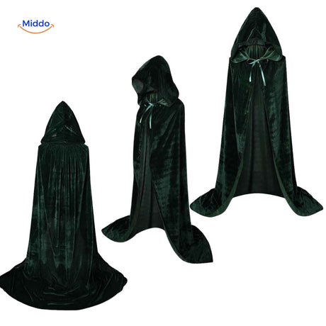 Green velvet hooded Spookora cape displayed at full length with long flowing style.