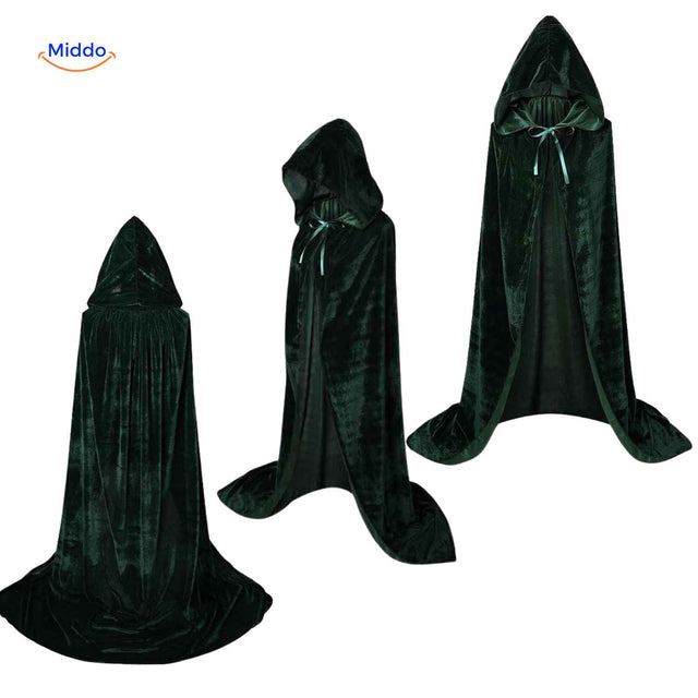 Green velvet hooded Spookora cape displayed at full length with long flowing style.