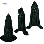 Green velvet hooded Spookora cape displayed at full length with long flowing style.