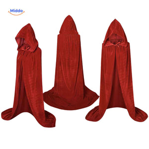 Red velvet Spookora cape with hood designed for cosplay and costume wear.