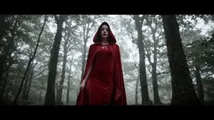 Red velvet Spookora cape worn outdoors in forest setting for Halloween atmosphere.