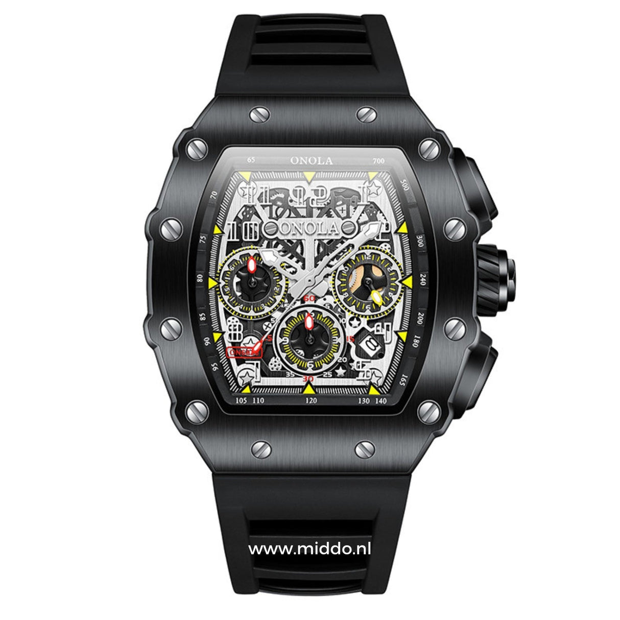 All-black waterproof sport chronograph watch for men.