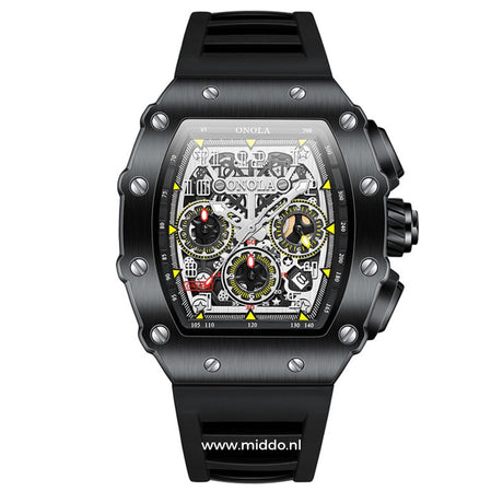 All-black waterproof sport chronograph watch for men.