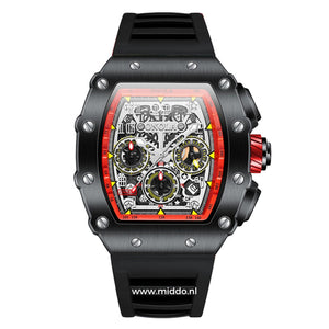 Men's sport chronograph watch with black dial and red accents.