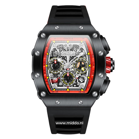 Men's sport chronograph watch with black dial and red accents.