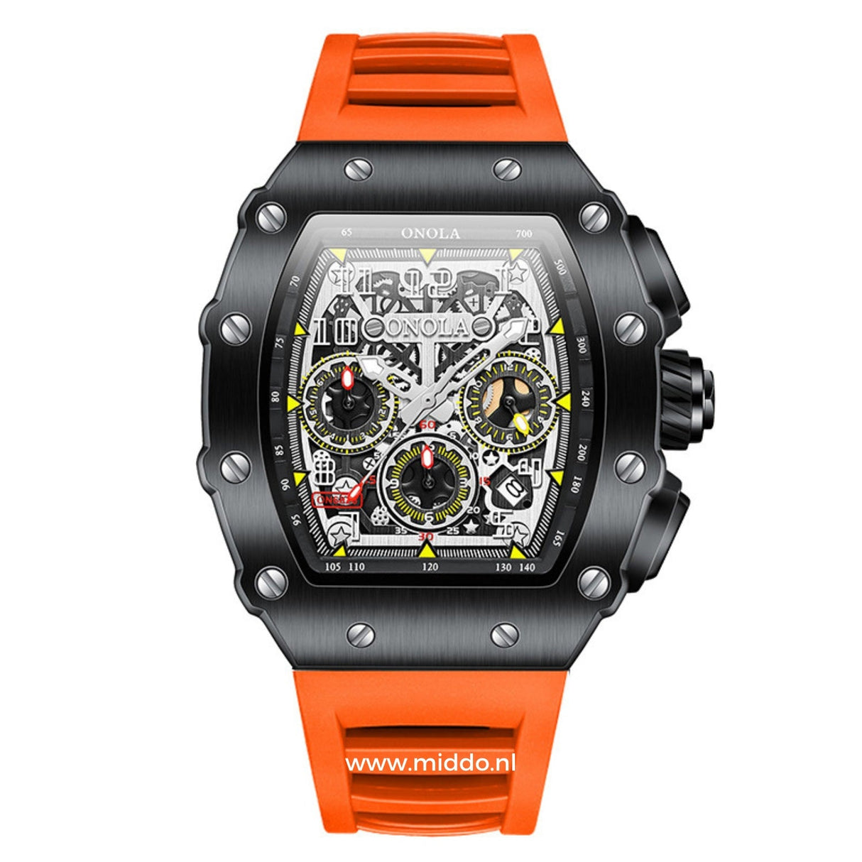 Men's sport chronograph with black case and orange dial details.