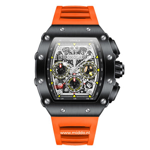 Men's sport chronograph with black case and orange dial details.
