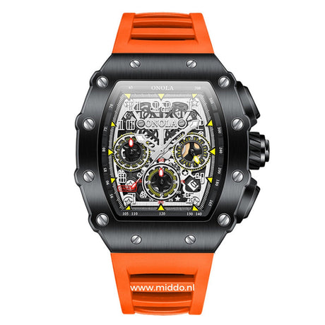 Men's sport chronograph with black case and orange dial details.