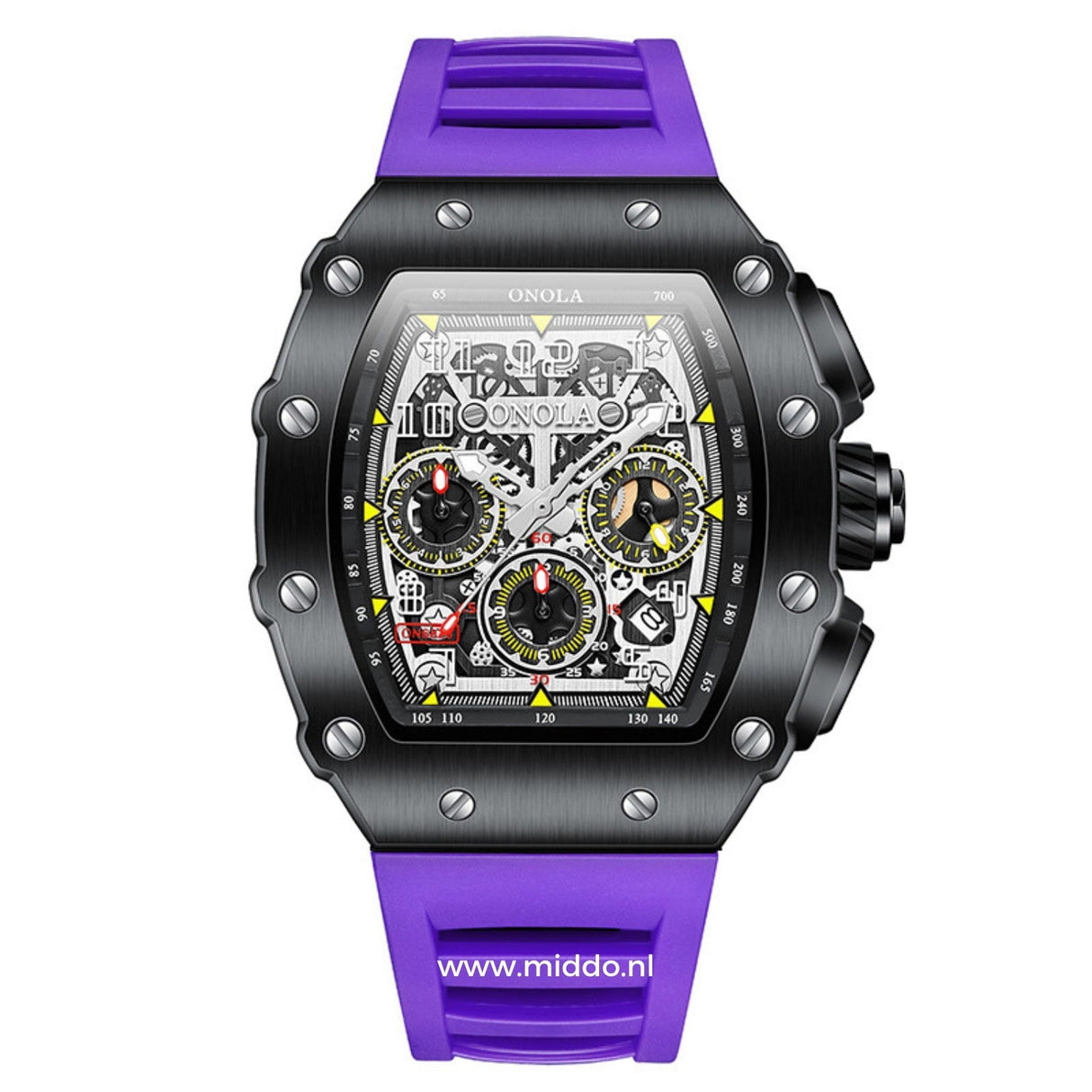 Men's sport chronograph with purple dial and black case.