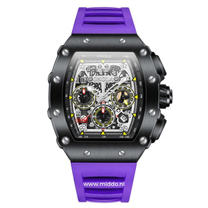 Men's sport chronograph with purple dial and black case.