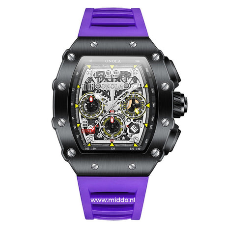 Men's sport chronograph with purple dial and black case.