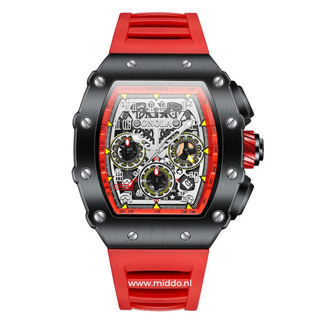 Sport chronograph featuring red accents on black dial.