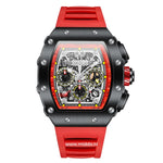 Sport chronograph featuring red accents on black dial.