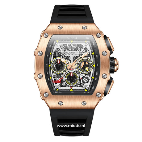 Sport chronograph watch with rose gold case and black dial.
