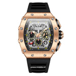 Sport chronograph watch with rose gold case and black dial.