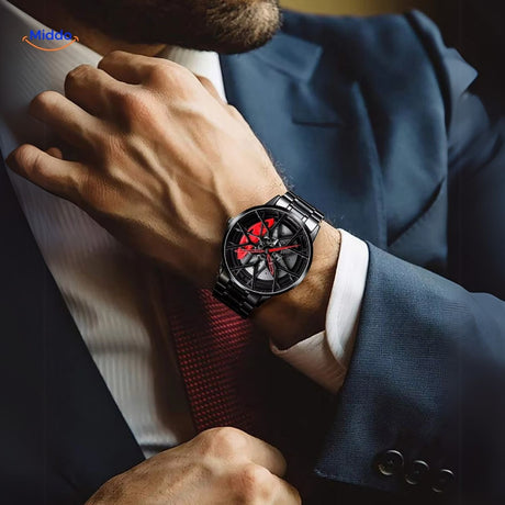 Sporty automatic watch with red details and unique rim-inspired dial design.