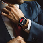 Sporty automatic watch with red details and unique rim-inspired dial design.