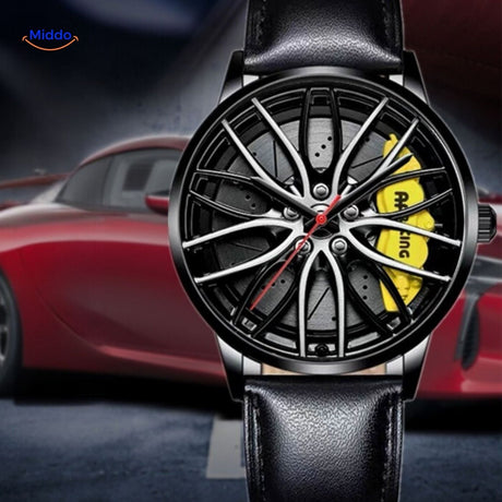 Athletic men's automatic watch with yellow details and sporty leather band.