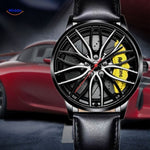 Athletic men's automatic watch with yellow details and sporty leather band.