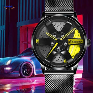 Sporty men's automatic watch with yellow accents and performance mesh band.