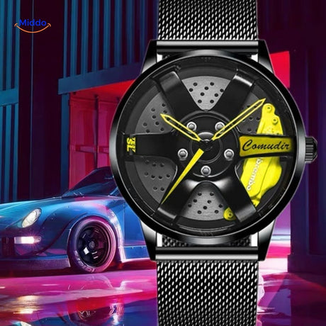 Sporty men's automatic watch with yellow accents and performance mesh band.