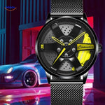 Sporty men's automatic watch with yellow accents and performance mesh band.
