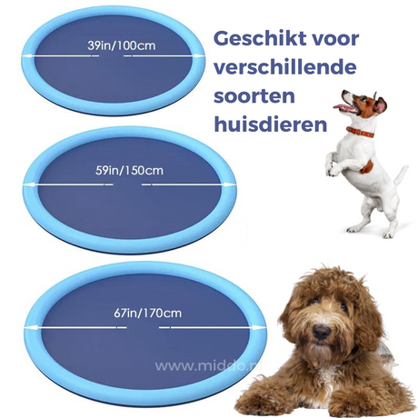 Size chart showing different sprinkler mat dimensions for pets