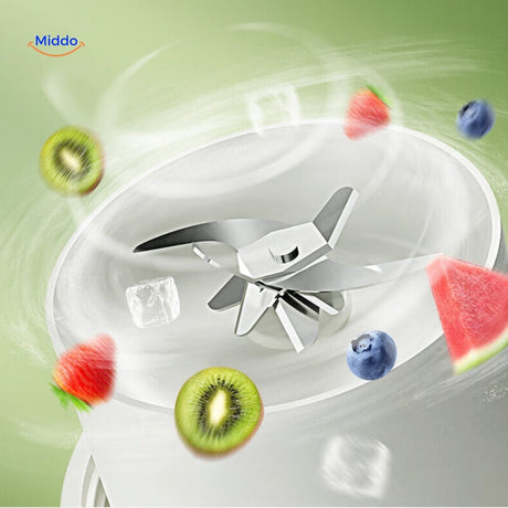 Portable blender with stainless steel cutting blade and fresh fruit.