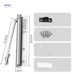 Stainless steel door closer includes mounting hardware for secure installation.