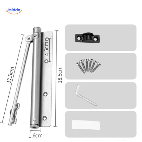 Stainless steel door closer includes mounting hardware for secure installation.