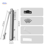Stainless steel door closer includes mounting hardware for secure installation.