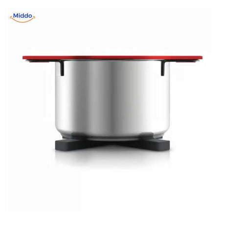 Stainless steel cookware resting on heat-resistant wooden trivet for safe kitchen use.