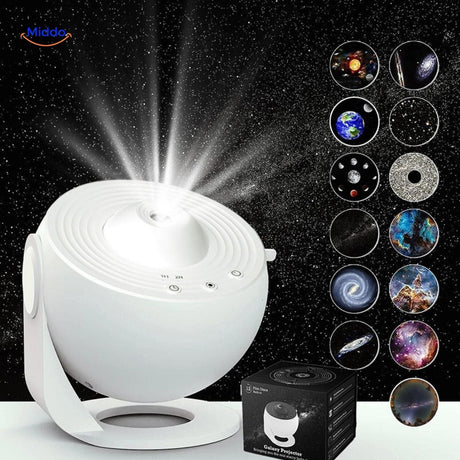 StarGlow projector lamp casting colorful solar system imagery on ceiling and walls.