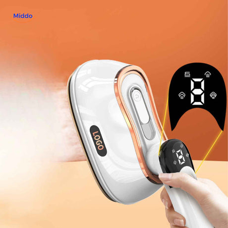 Compact foldable steam iron with digital controls for convenient, precise ironing.