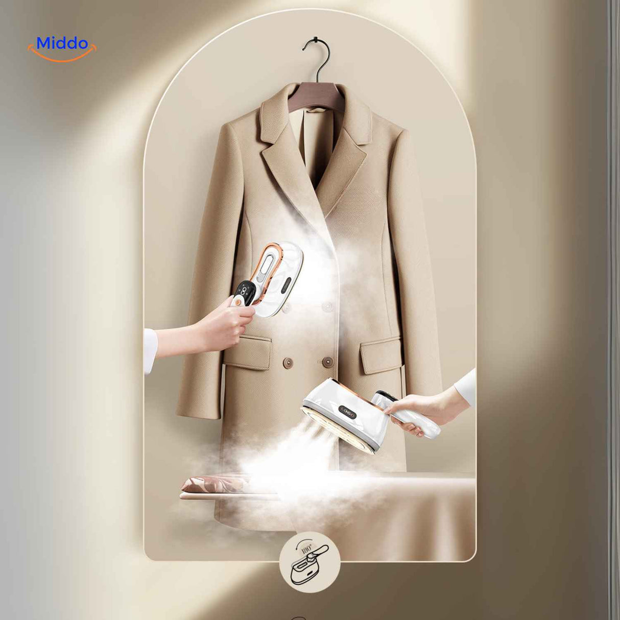 Foldable steam iron in dual-mode operation for horizontal and vertical steaming.