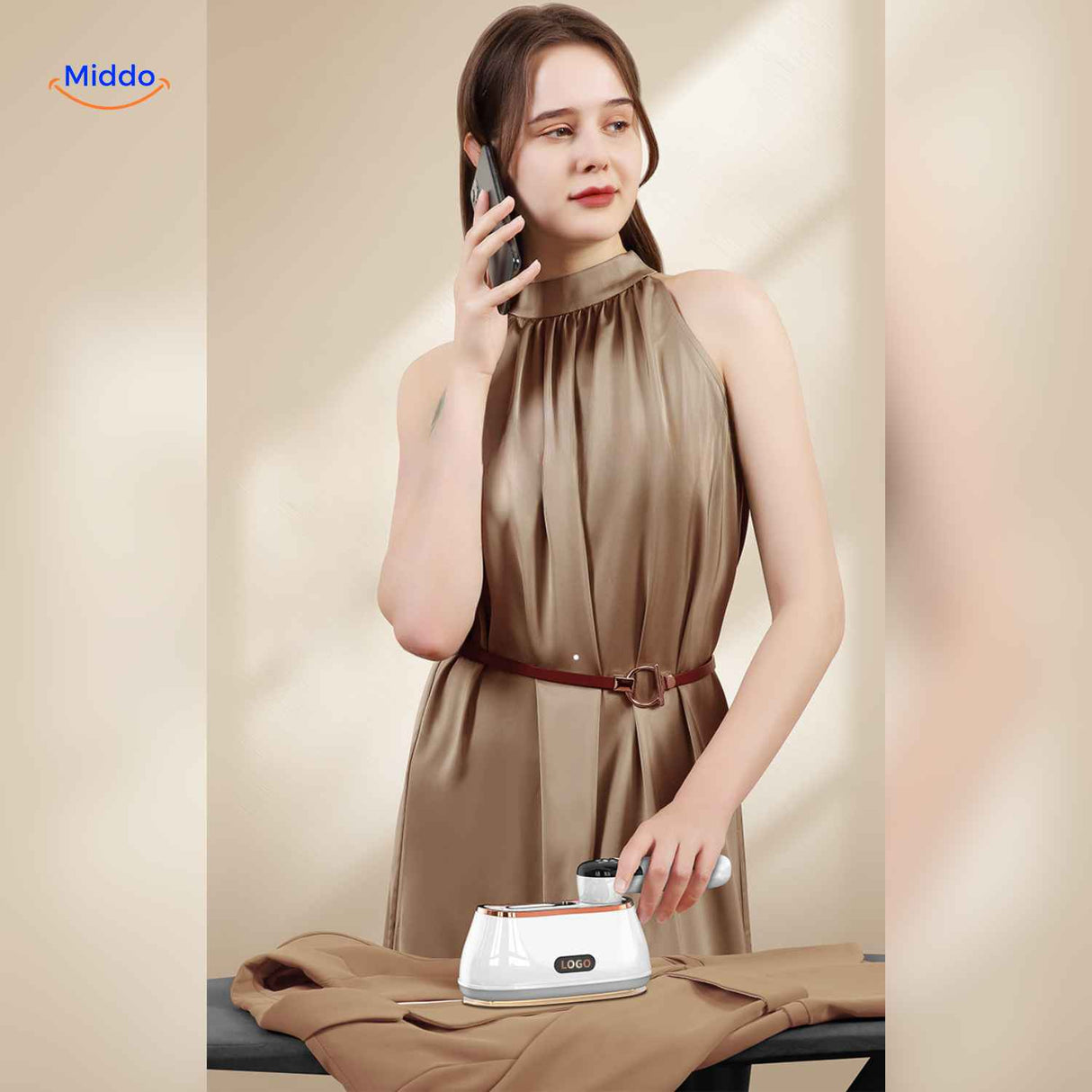 Portable foldable steam iron perfect for steaming hanging garments on-the-go.