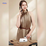 Portable foldable steam iron perfect for steaming hanging garments on-the-go.
