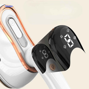 Digital steam iron with touchscreen LED display and precise temperature regulation.