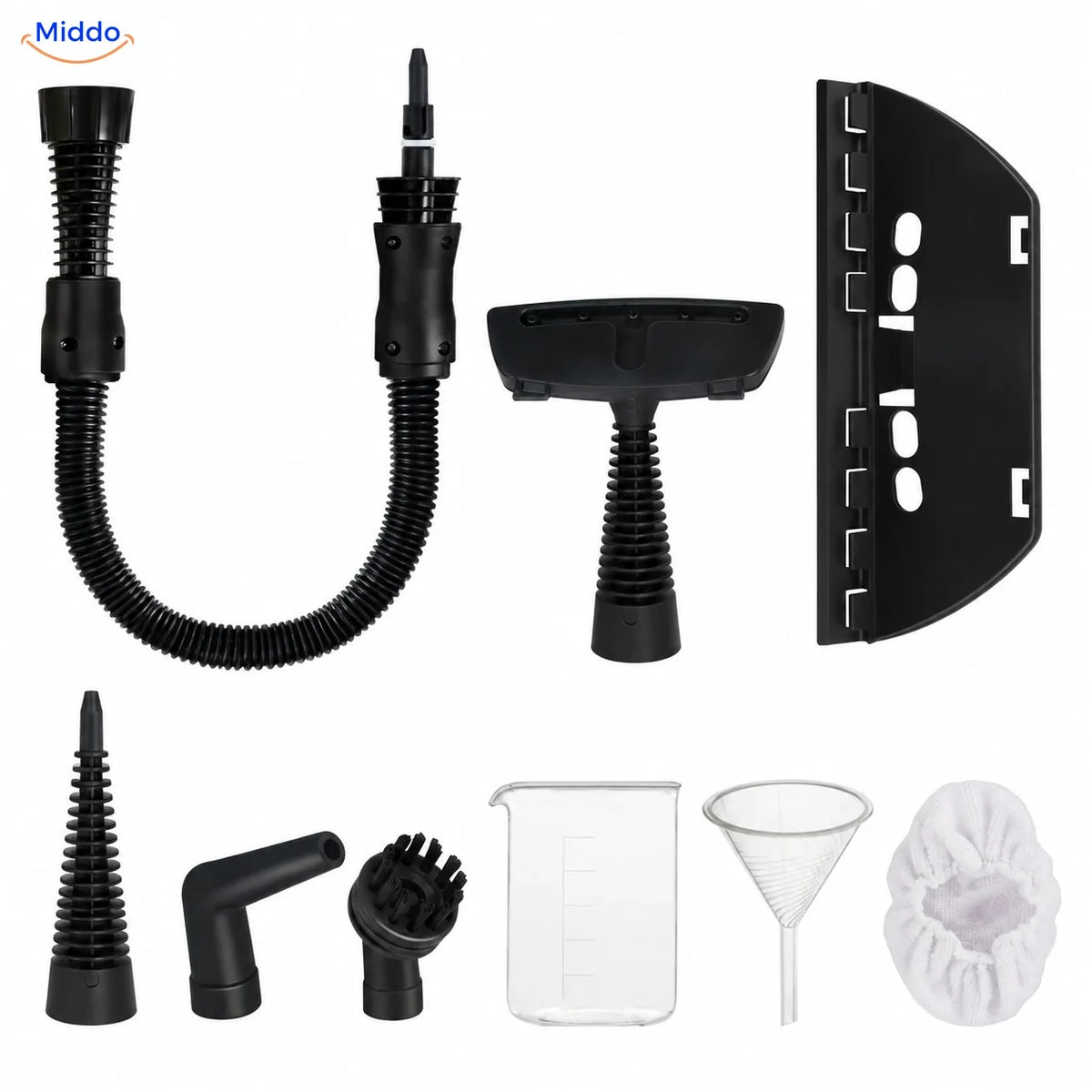 Steamora accessories with extension hose, brushes, window attachment, and filling tools